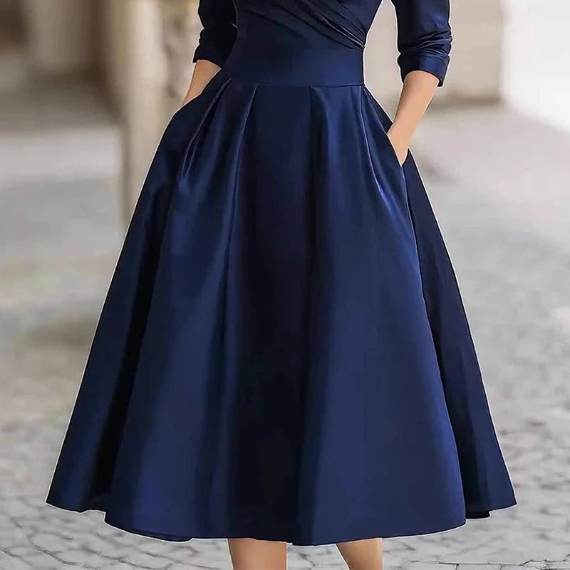 LIZAKOSHT  -  Women Elegant Wedding Guest Satin Dress Turndown Collar Mid-Length Waisted A-Line Evening Dress Cocktail Party Midi Dresses