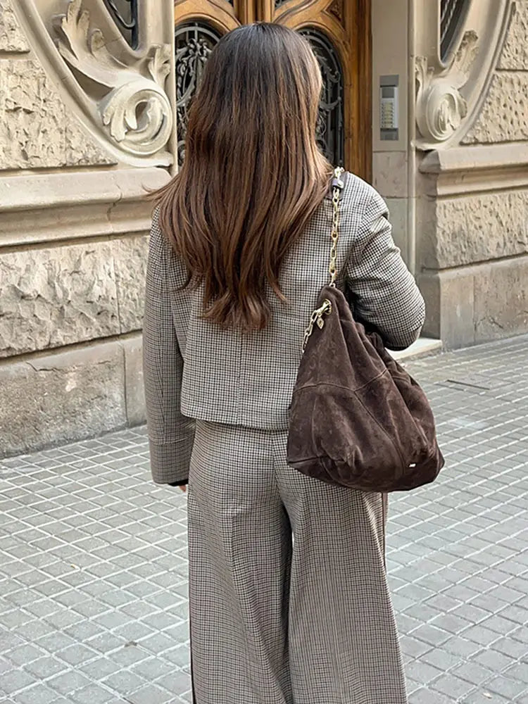 LIZAKOSHT  -  Plaid Short Jacket Pleated Skirt Set Women Chic Street Patchwork Collar Jackets Straight Pant 3 Piece Sets Lady Spring Outfit