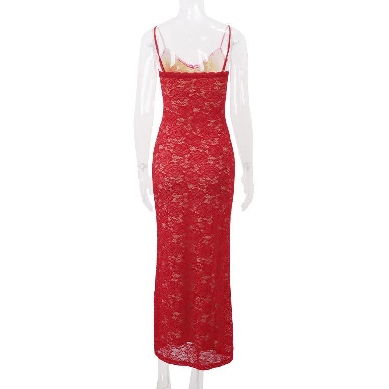 LIZAKOSHT  -  Vintage Red Floral Lace Double Layer Spaghetti Strap V Neck Bodycon Slimming Maxi Dress Festival Party Night Date Gowns Outfits
