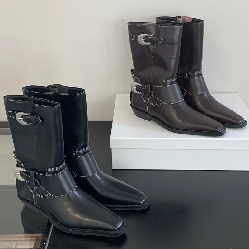 LIZAKOSHT  -  Belt Buckle Chelsea Boots For Women Mid Heel Western Pointed Toe Retro Solid Color Female Shoes Designer New Sewing All-matching