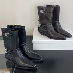 LIZAKOSHT  -  Belt Buckle Chelsea Boots For Women Mid Heel Western Pointed Toe Retro Solid Color Female Shoes Designer New Sewing All-matching