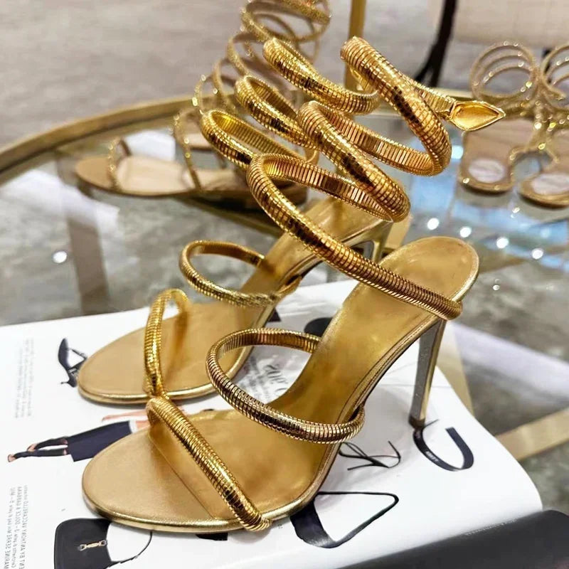 LIZAKOSHT  -  Gold Silver Thin High Heels Ankle Strap Women Sandals Sexy Narrow Band  Open Toe Stripper Prom Female Shoes