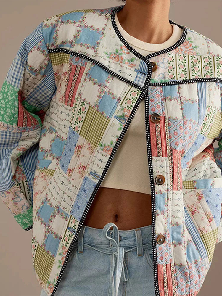 LIZAKOSHT  -  Women's Winter Jacket Printed Patchwork Warm Cotton Coat Female Pockets Single-breasted Jackets 2024 Autumn Ladies Streetwears