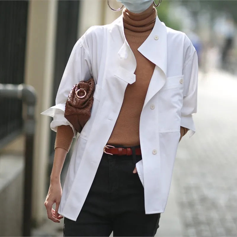LIZAKOSHT  -  Autumn New Solid Pink Fashion Women Blouse Office Lady Slit Stand Collar Shirts Loose Casual Simple Female Coat Jacket