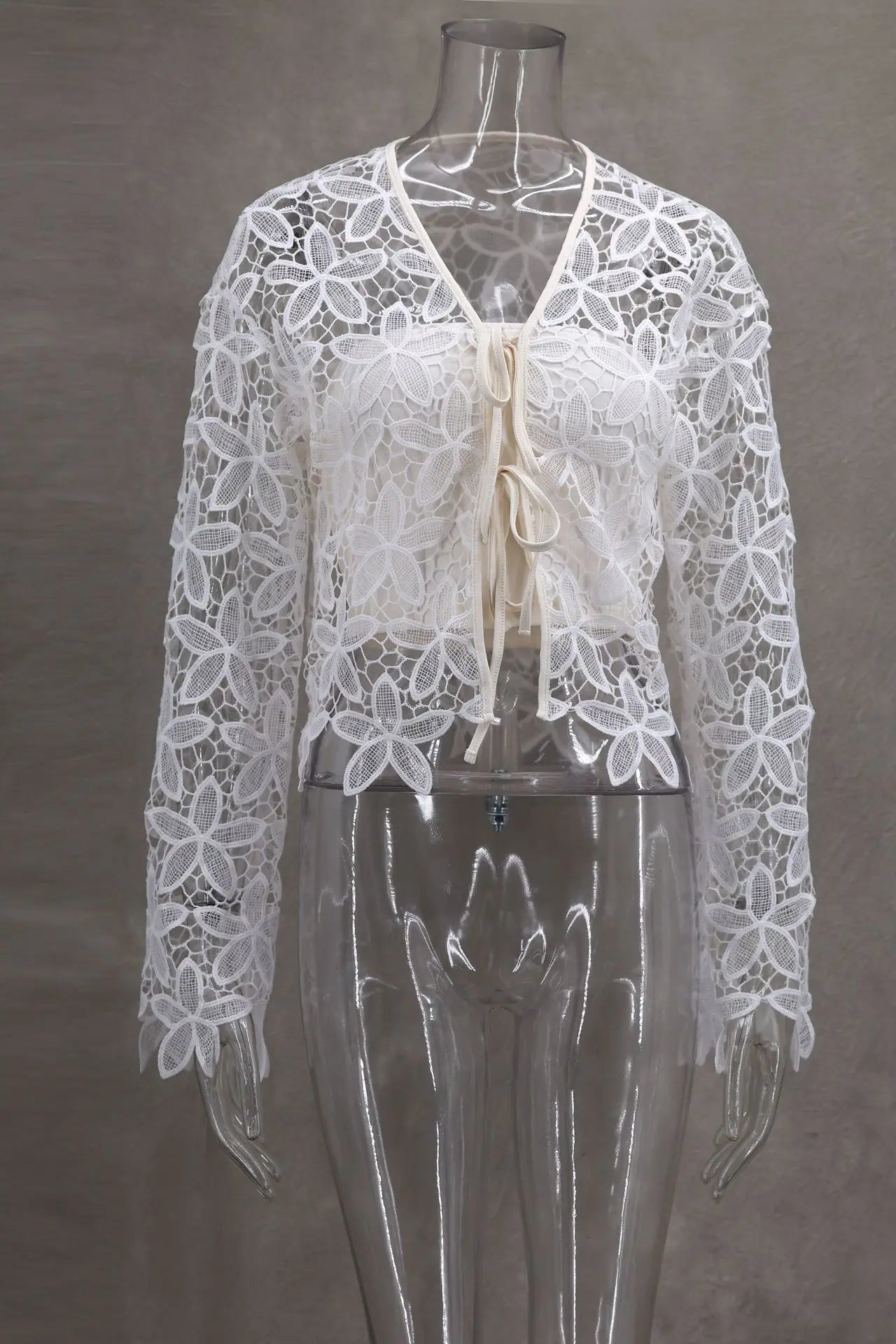 LIZAKOSHT  -  Cute Women's V-Neck Long Sleeve Cardigan Summer Sunscreen Casual White Color Versatile Hollow Lace-Up Design