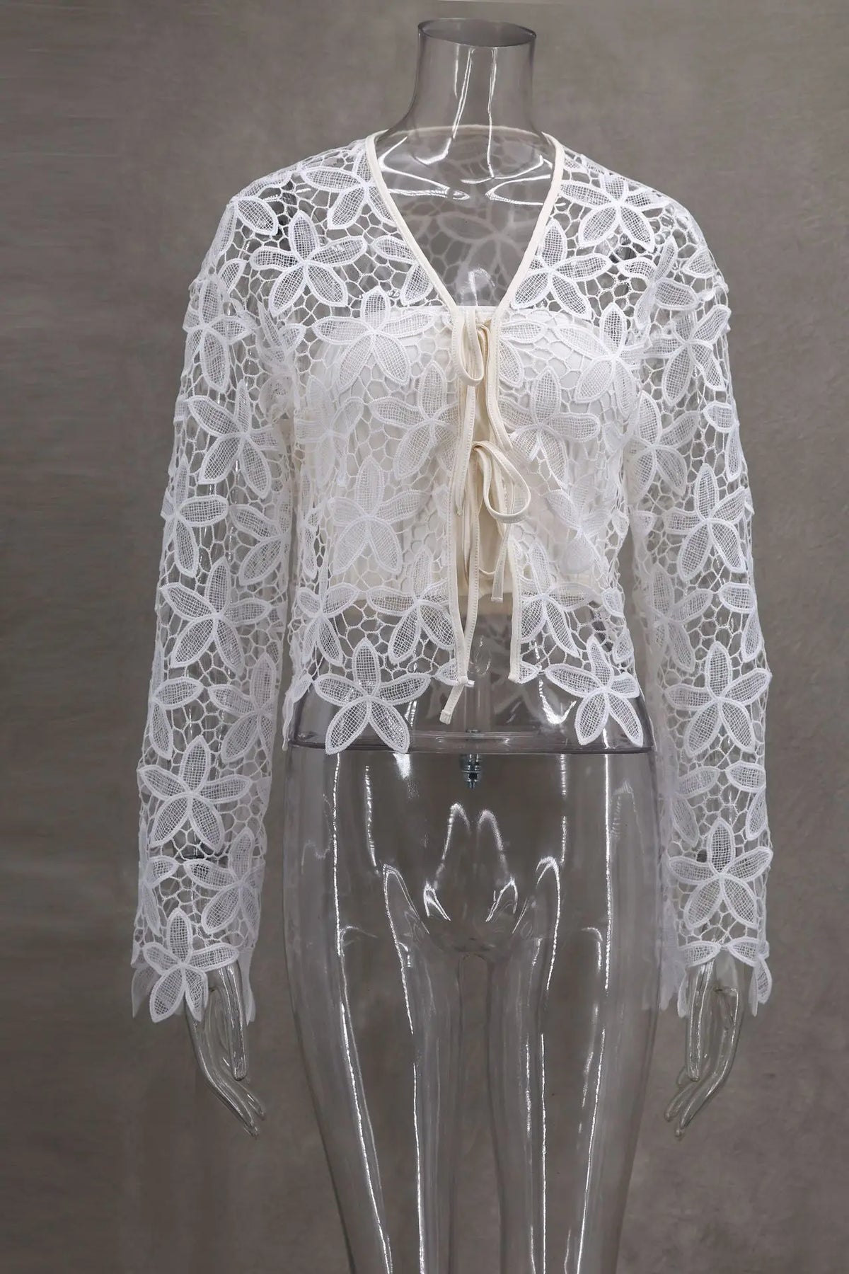 LIZAKOSHT  -  Cute Women's V-Neck Long Sleeve Cardigan Summer Sunscreen Casual White Color Versatile Hollow Lace-Up Design