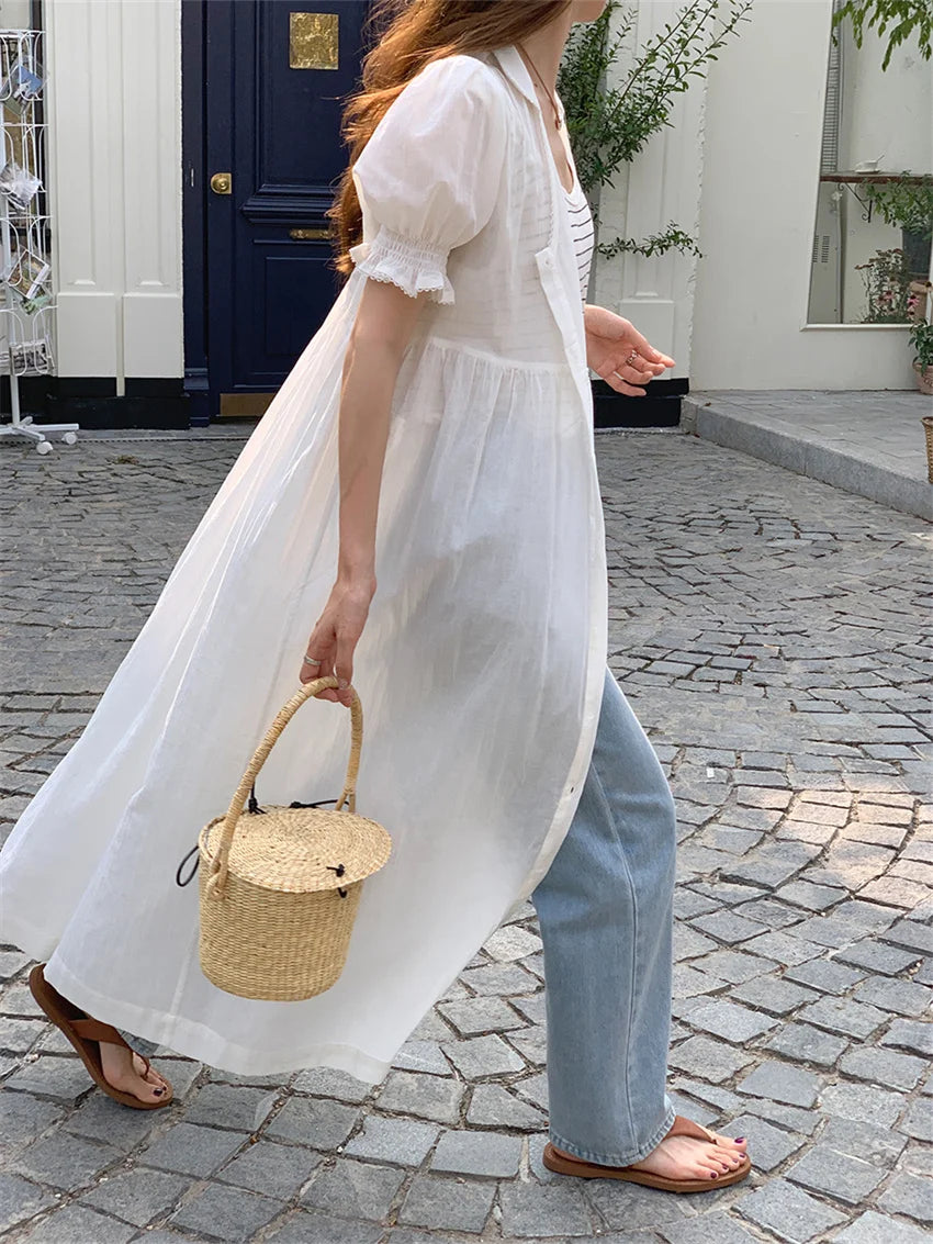 LIZAKOSHT  -  White Summer Slim Long Dress Sweet Women Chic Short Puff Sleeve Streetwear Mujer OL All Match Elegant Daily