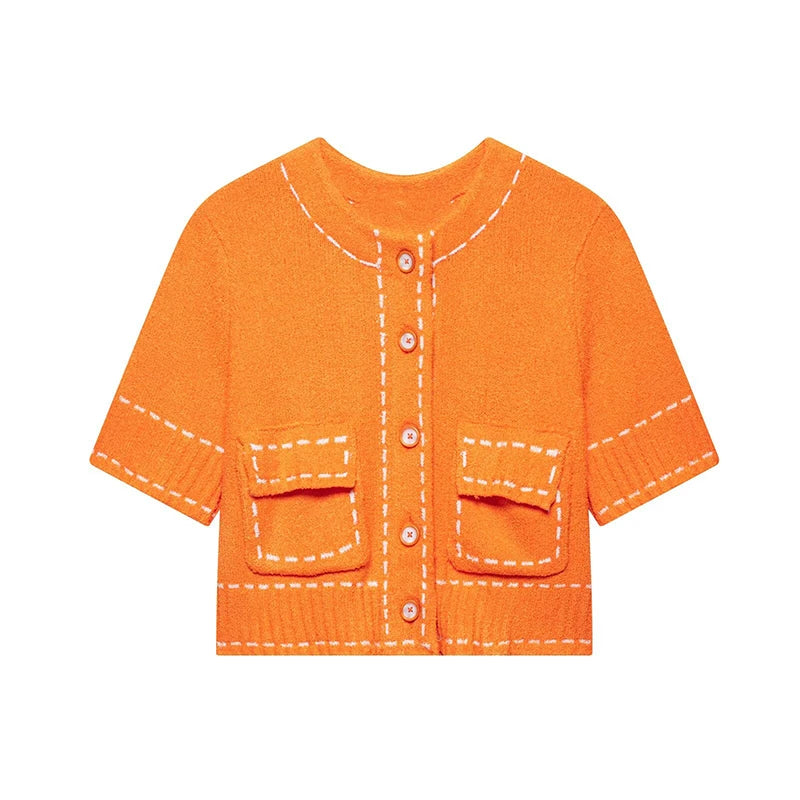 LIZAKOSHT  -  Fashion Knitted Top For Women O-neck Short Sleeve Single Breasted Pocket Mini Blouses 2025 Summer Female  Casual Loose Outerwear