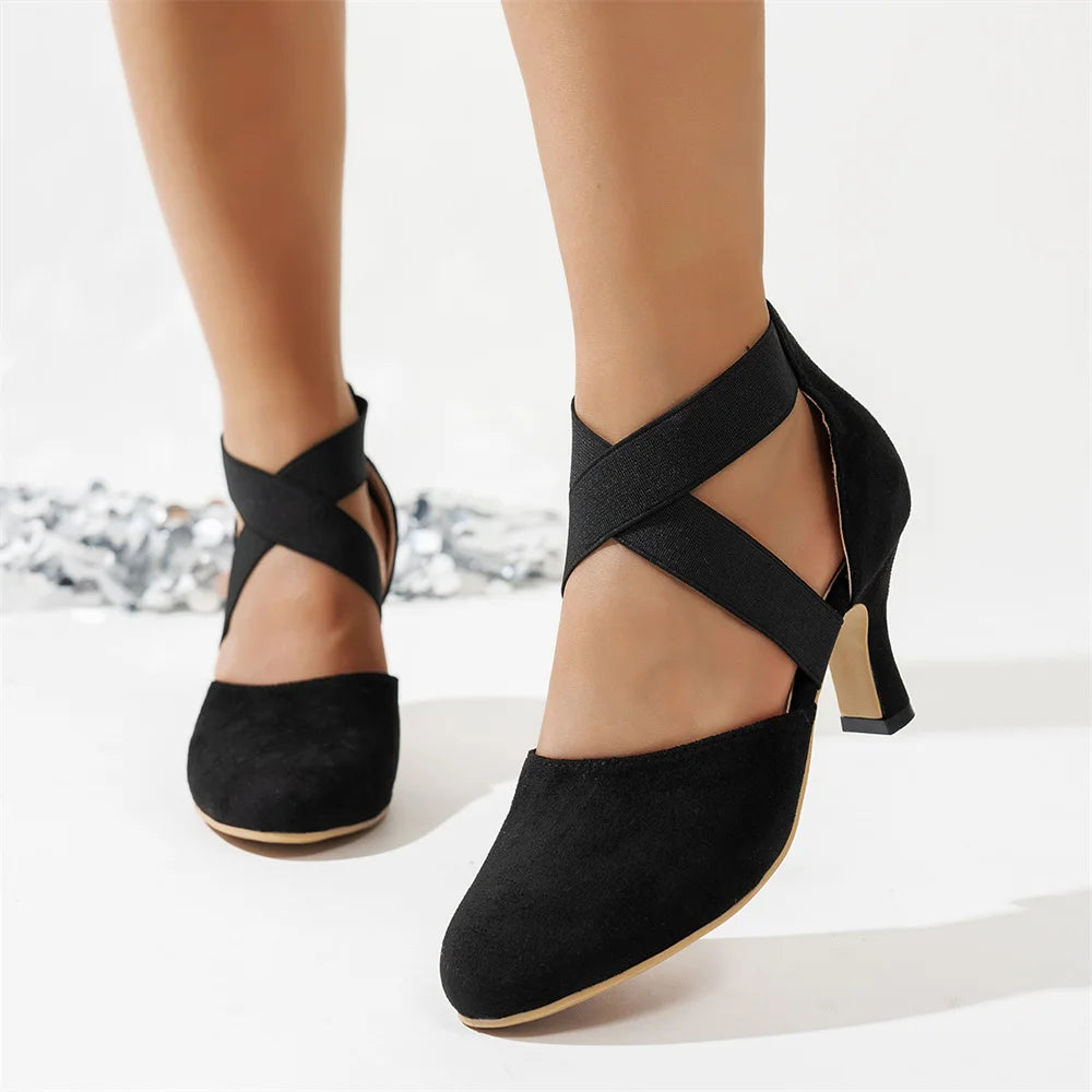 LIZAKOSHT  -  New Vintage Big Size 43 Black Kitten Heels Sandals Women Classic Summer Stretch Cross Strap Dancing Shoes Woman
