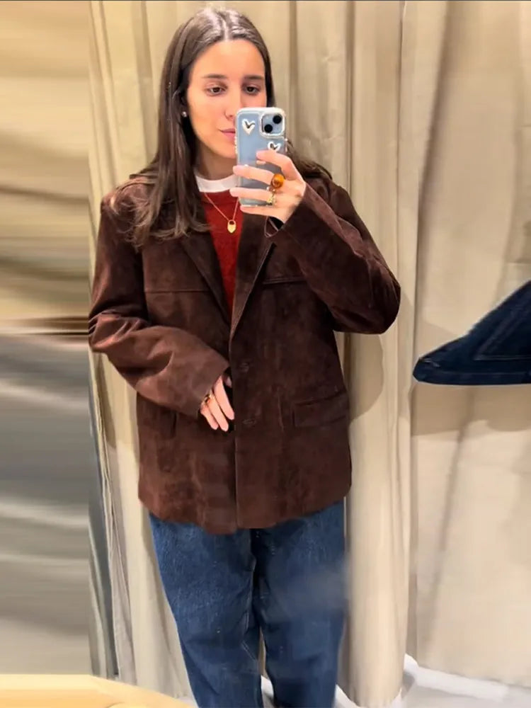 LIZAKOSHT  -  Suede Leather Suit Jacket Coat Vintage Brown Women Cardigan Commuting Fashion Single Breasted Lapel Loose Casual Classic Outwear