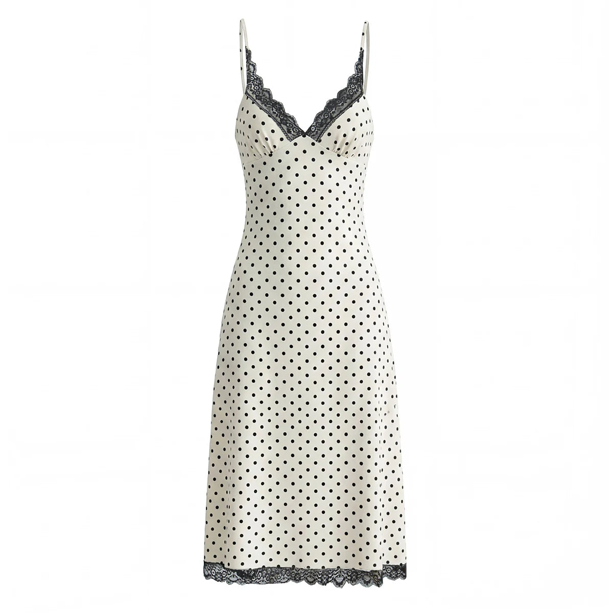 LIZAKOSHT  - Sexy Milky Black Polka Dot Print Spliced Lace Ruched V Neck Sling Dress Women No Back Backless A-line Long Vestidos Robe Holiday