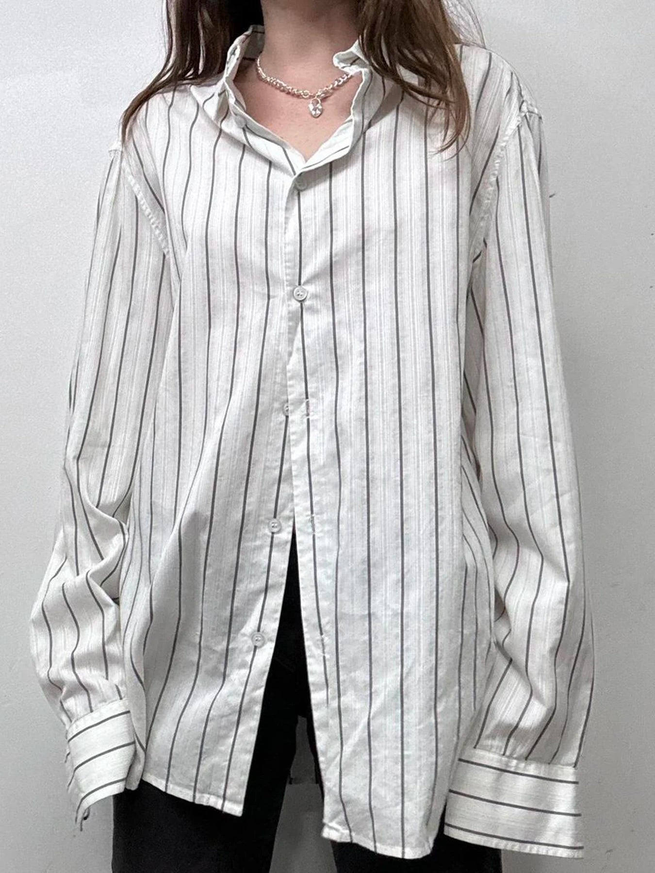 LIZAKOSHT  -  Striped Print Loose Shirt for Women Casual Single-breasted Oversized Blouses Streetwear Fashion Turn-down Neck Top