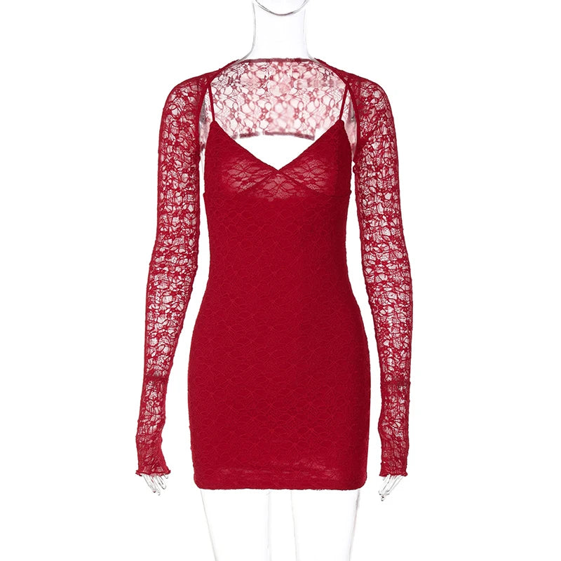LIZAKOSHT  -  Sexy Charming Lace See-through Long Sleeve Cardigan Tops+Spaghetti strap V-neck Skinny Mini Dress Fashion Party 2Pcs Outfit