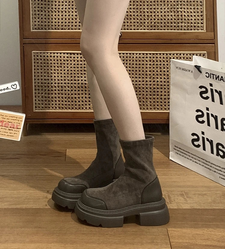 LIZAKOSHT  -  New Autumn Winter Flock Boots for Women Thick Bottom Platform Knee High Boots Ladies Solid Color Slip-on Shoes