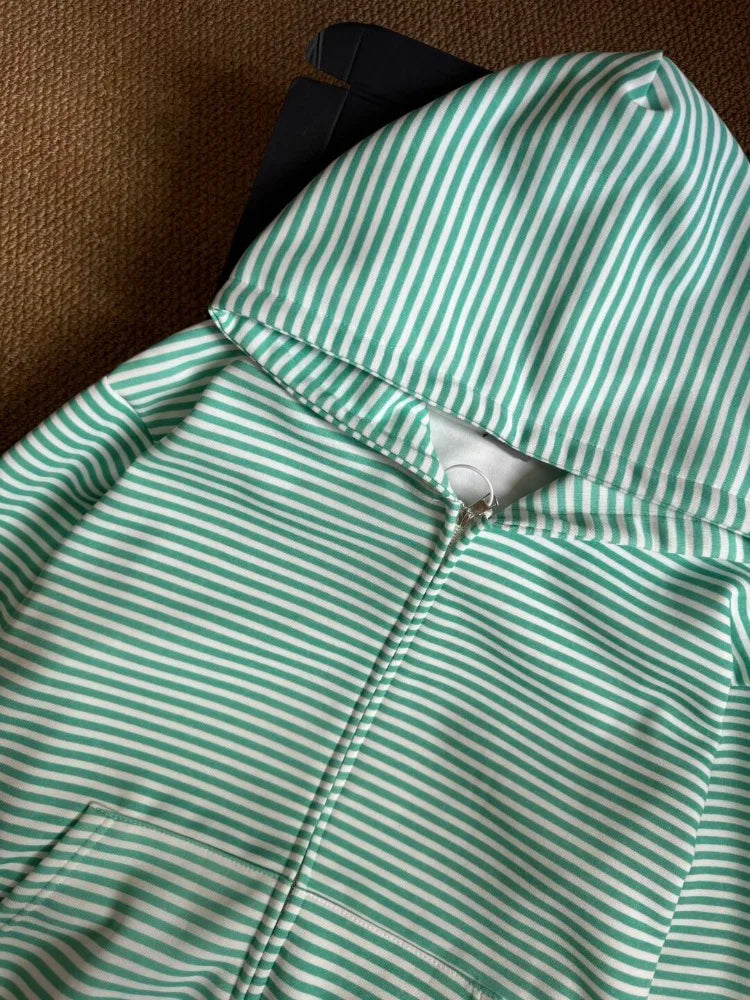  LIZAKOSHT  -  Oversized Loose Fit Mint Green Striped Zip Up Hoodie Women Y2K Vintage Winter Casual Streetwear Daily Wear Sweatshirt New 2027