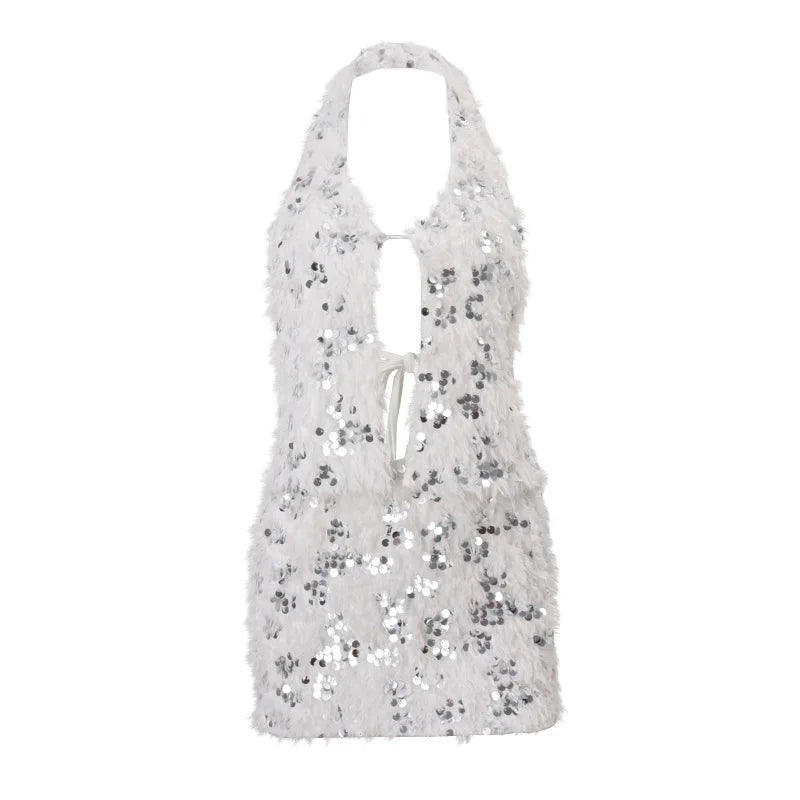 LIZAKOSHT  -  Hollow Out Lace Up Sequins Furry Bodyccon Mini Halter Dress Women Fashion Sexy Deep V Neck Sleeveless Backless Party Clubwear