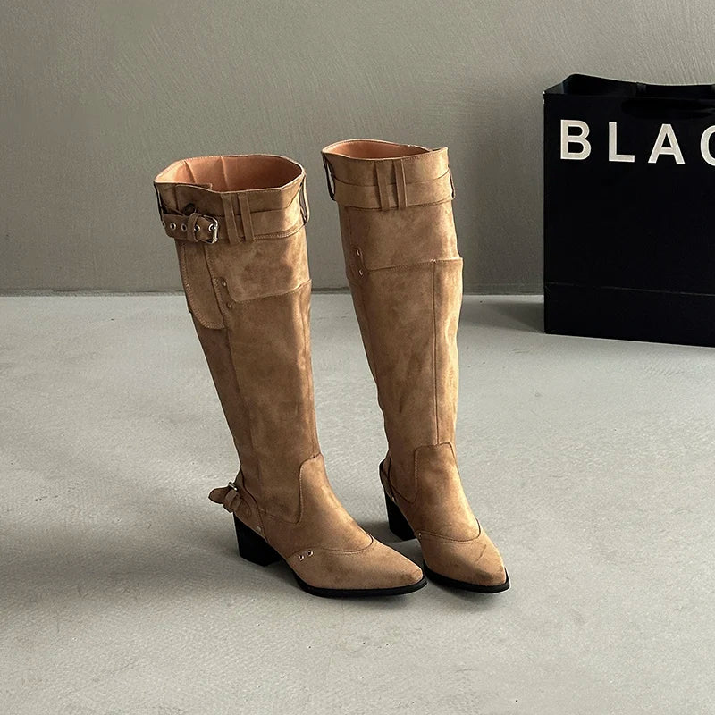 LIZAKOSHT  -  Vintage Rivet Hottie Women Knee-High Boots Fashion Belt Buckle Female Pleated Knight Long Booties Shoes