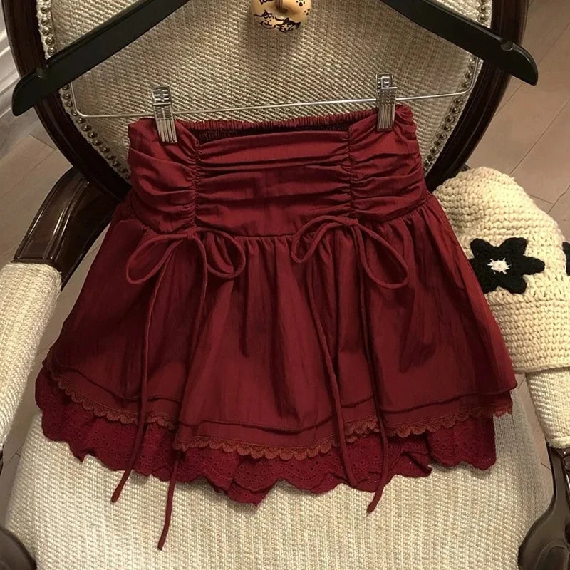 LIZAKOSHT  -  Kawaii Bow White Mini Skirt Women Japanese Cute Lace Patchwork Skirts Summer Harajuku Korean Ruffles Chic A Line Faldas