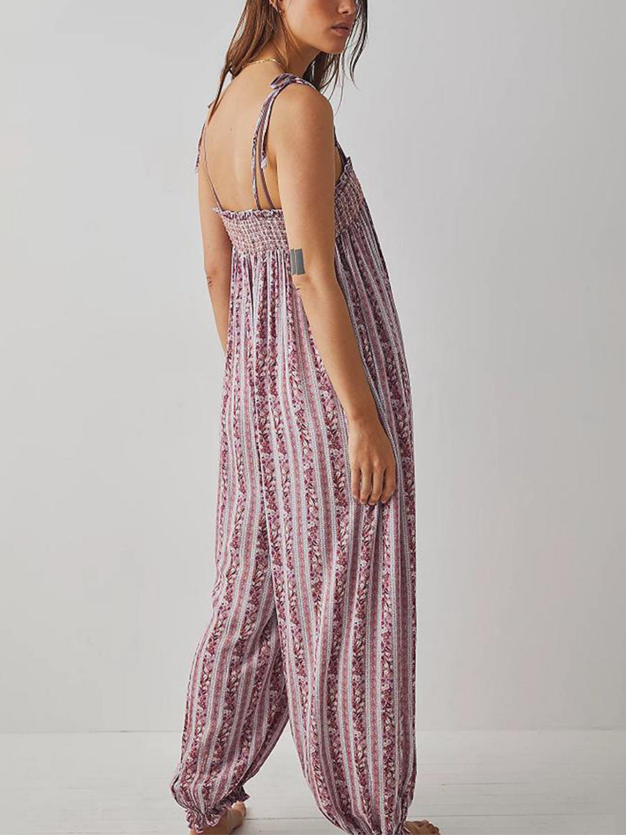 LIZAKOSHT  -  Women Summer Cami Jumpsuits Retro Floral Print Tie-Up Spaghetti Strap Sleeveless Long Rompers Fashion Loose Playsuits