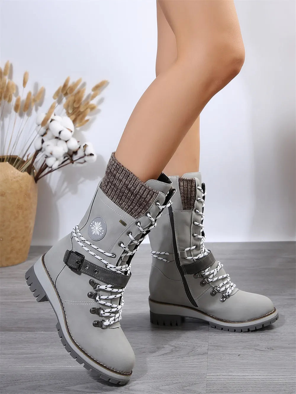 LIZAKOSHT  -  Plus Size 43 Women's Fashion Thermal Mid Calf Boots Knitted Splicing Lace Up Side Zipper Winter Boots Wedges heels Outdoor Boots
