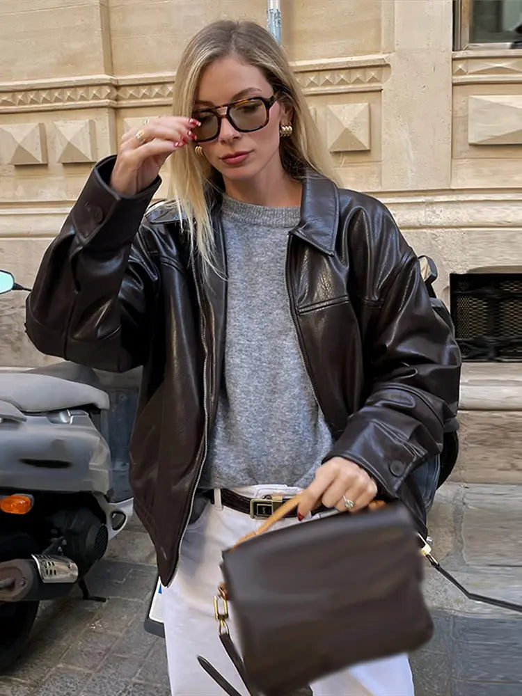 LIZAKOSHT  -  Textured Leather Jacket Coat Vintage Matte Zipper Short Outwear Top Lapel  Cool Fashion Commuter Loose Slimming Biker Jackets