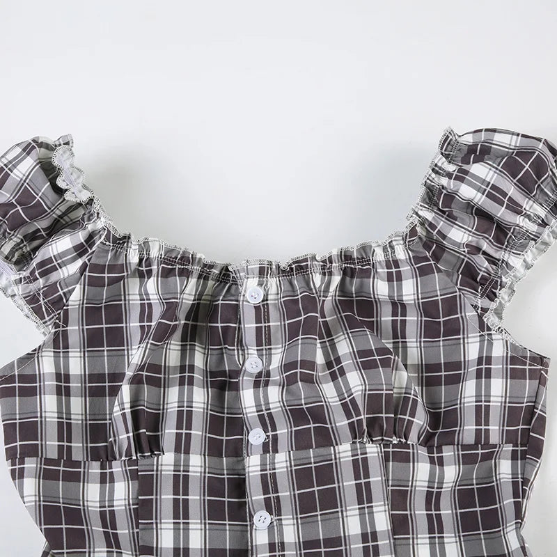 LIZAKOSHT  -  Women Plaid Folds Square Collar Y2K T-shirt Sweet Style Flying Sleeve Buttons Fitted Crop Top Cute Fashion Streetwear