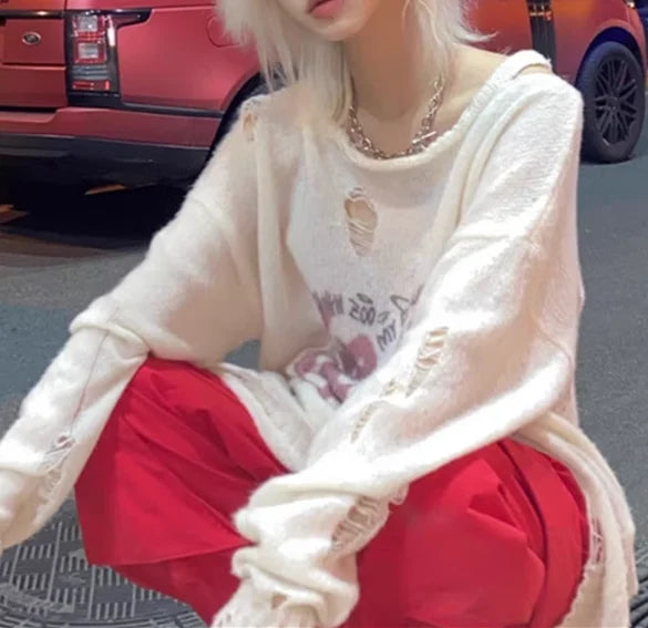 LIZAKOSHT  -  Subculture Punk Harajuku Girl Knitted Sweater Loose Long Sleeve Sweaters Spring Autumn 2024 Women Beige Casual Sweaters