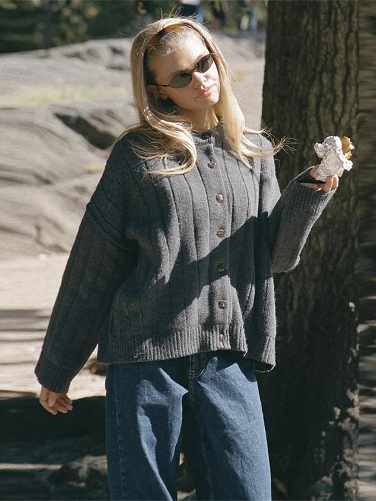 LIZAKOSHT  -  Chic Solid Sweater For Women O-neck Full Sleeve Loose Single Breasted Short Cardigan 2025 Autumn Female Daily Casual Outerwear