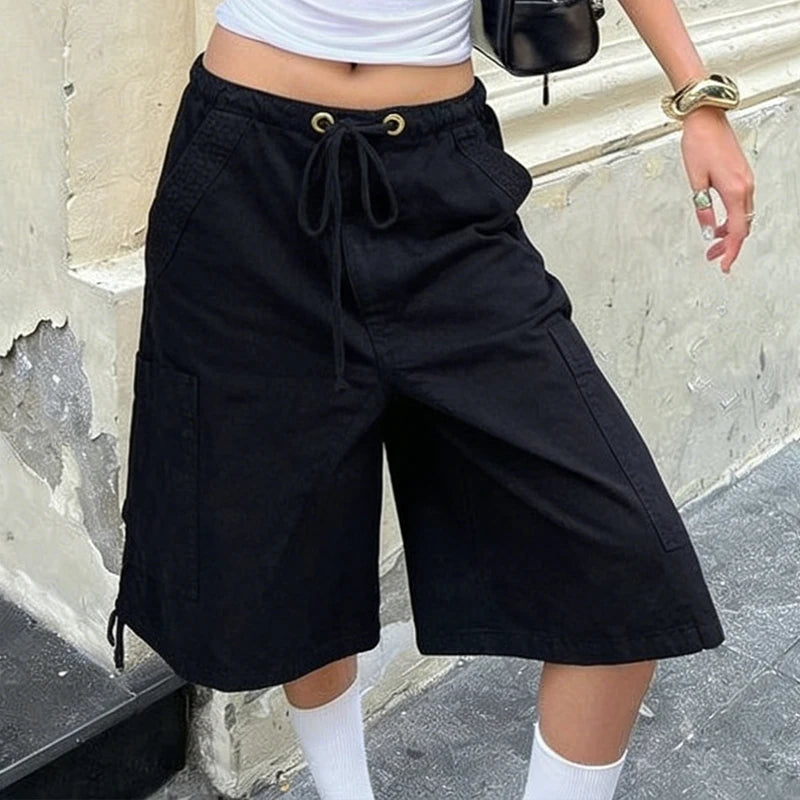 LIZAKOSHT  -  American Retro Cargo Bermuda Shorts Loose Knee Length Denim Shorts with Drawstring Y2K Aesthetic Grunge Women Jorts