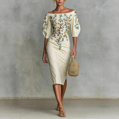 LIZAKOSHT  -  Spring Elegant Floral Print Slim Female Clothing Sexy Slash Neck Hollow Slit Party Dresses Woman Casual Half Sleeve Autumn Dress