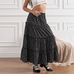 LIZAKOSHT  -  Women Fashion Boho Solid Elastic High Waist Tiered Skirt Bohemian Beach A-Line Long Skirt