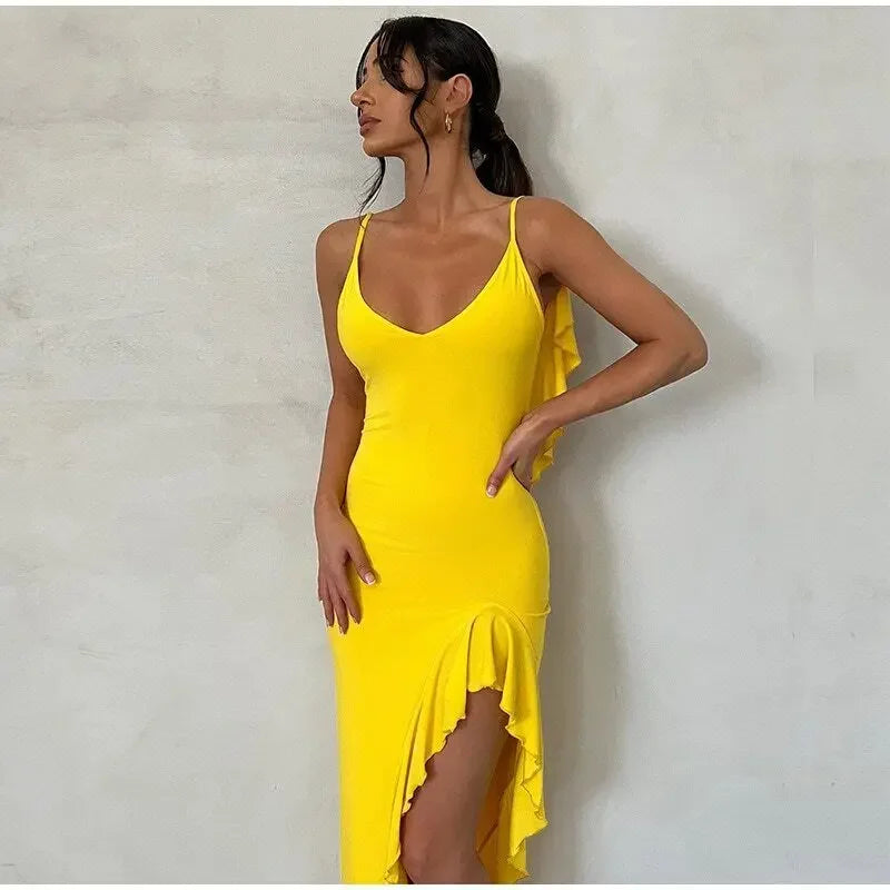 LIZAKOSHT  -  Sexy Split Women's Beach Gown V-neck Ruffle Backless Sleeveless Sling Dress