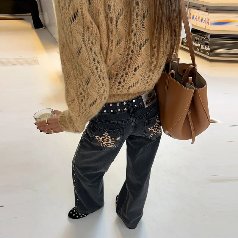 LIZAKOSHT  -  Chic Diamonds Leopard Pentagram Pants For Women Straight-leg Ankle-length Pocket Jeans 2025 Spring Summer Female Casual Trousers