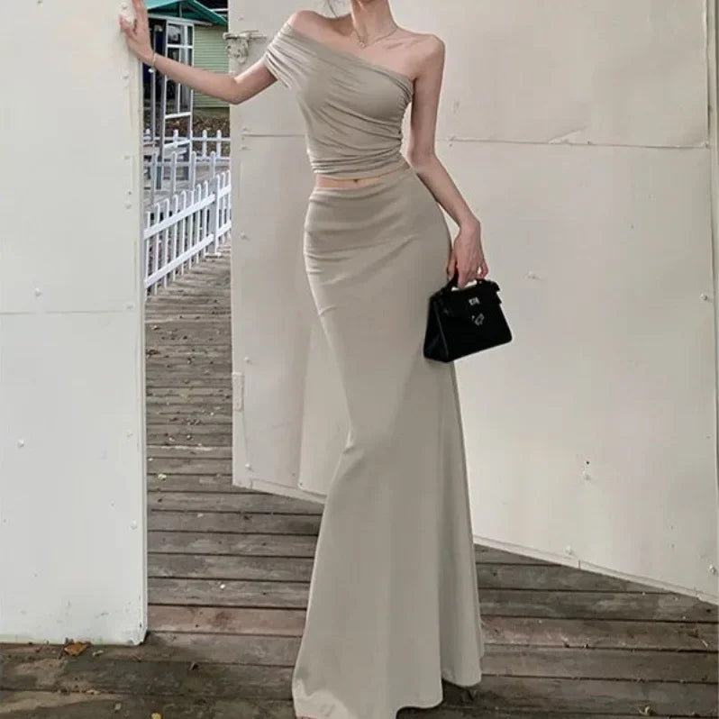 LIZAKOSHT  -  Women's Summer One Shoulder Pleated Slimming Top, Slim Fit Half Skirt, Long Skirt Two-Piece Set