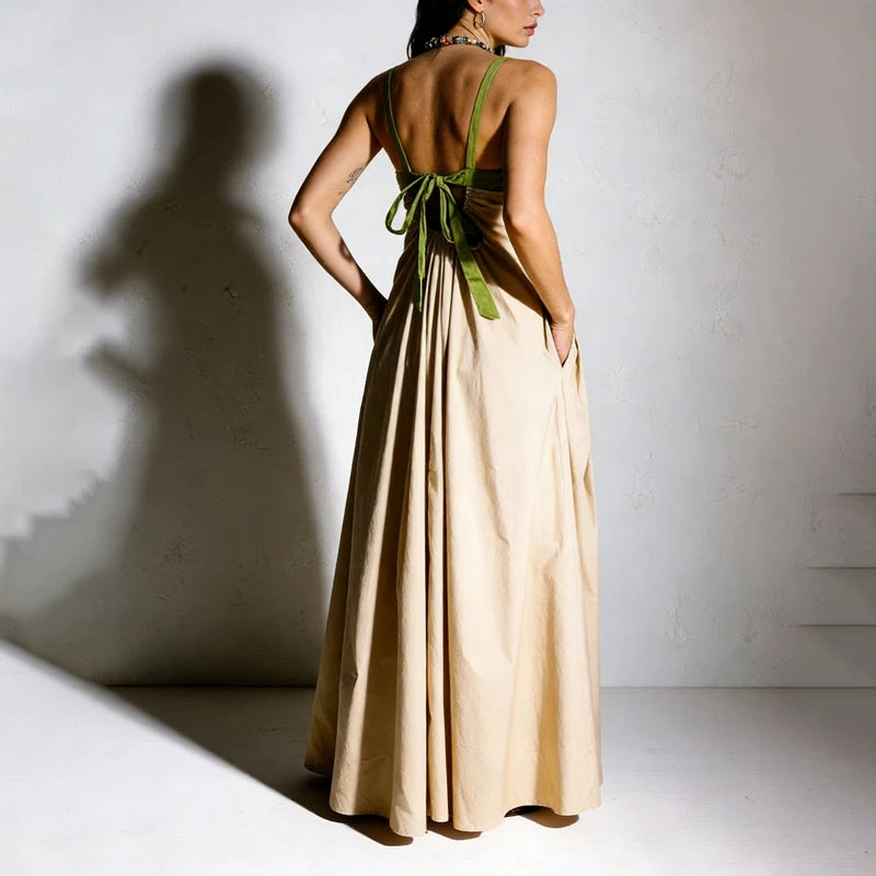 LIZAKOSHT  -  Women Loose Fit Maxi Dress Summer Sleeveless Patchwork Contrast Color Flowy Dress Beach Party Back Tie Long Dress