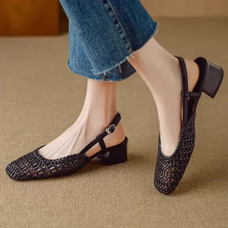 LIZAKOSHT  -  Hot Selling Weaved Slingback Sandals Woman Straw Plaited Low Heel Sandalias Ladies Brand Design Summer Square Toe Hollow Out