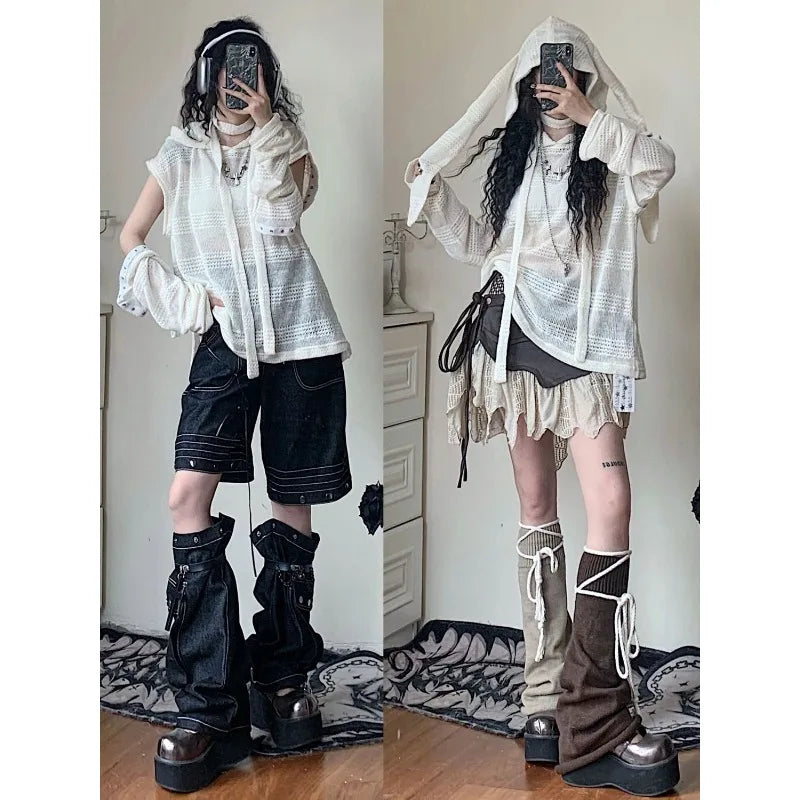LIZAKOSHT  -  Y2k Harajuku Women's Kint Sweater Rabbit Ear Knitwear Hollow Out Grunge Pullovers Spring Oversize Gothic Jumper Korean