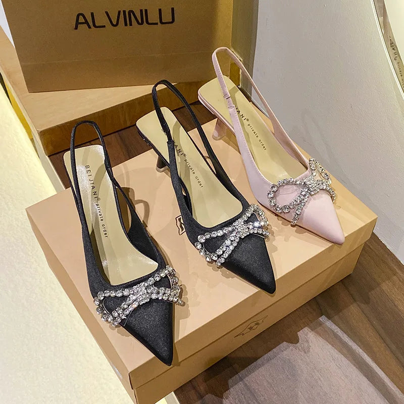 LIZAKOSHT  -  New Silk Satin Rhinestone Bow Knot High Heels Women's Thin Heels Back Air Strap  Baotou Sandals  Fairy Style  Summer