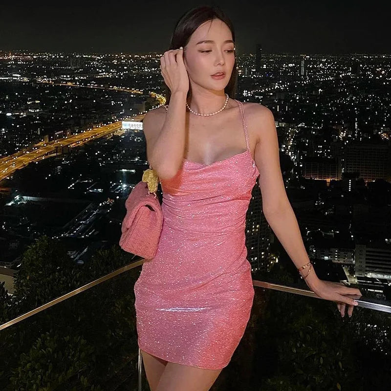 LIZAKOSHT  -  Women Dresses All Season Korean Fitting Slim Stick Sleeveless Off Shoulder Mini Dresses Party Club Vestidos Mini Dress