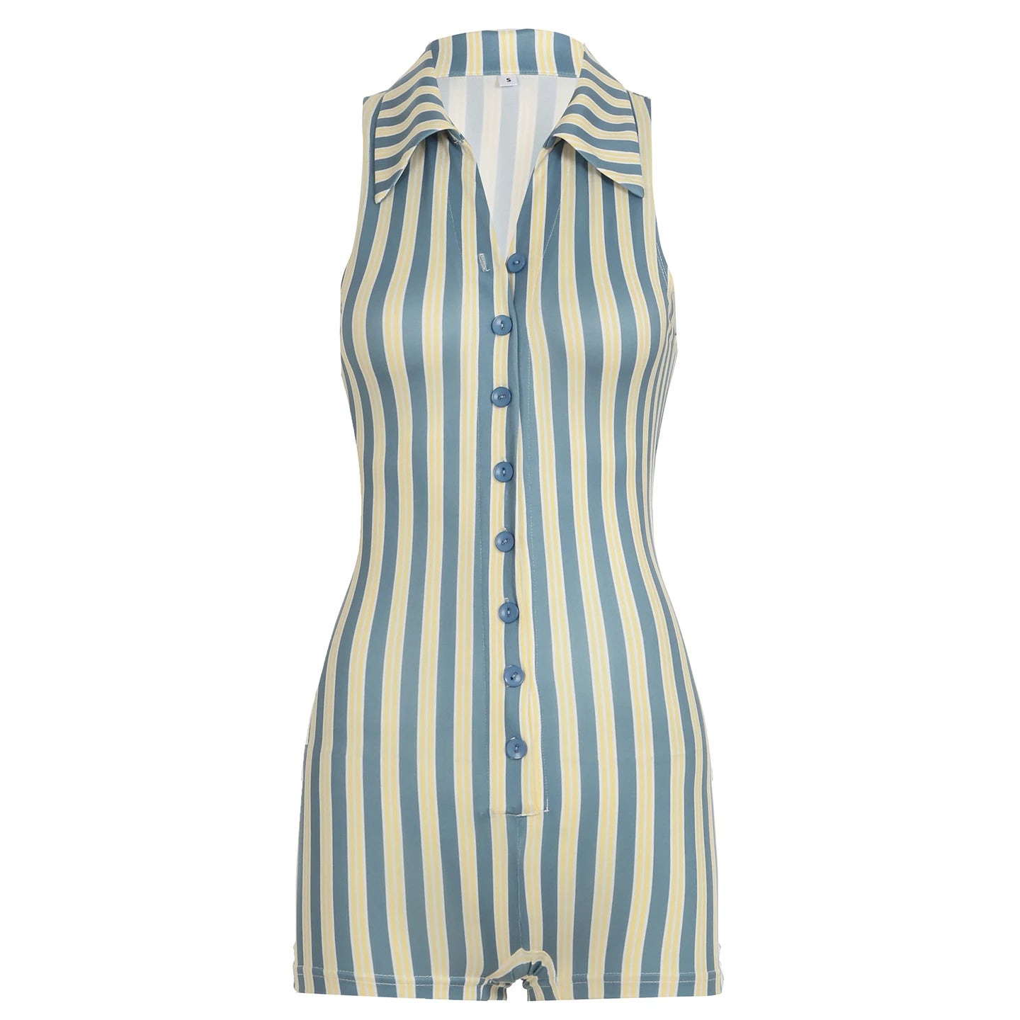 LIZAKOSHT  -  Fashion Women Striped Turndown Collar Jumpsuit High Street Sleeveless Rompers Casual High Street Sexy Playsuit Lady