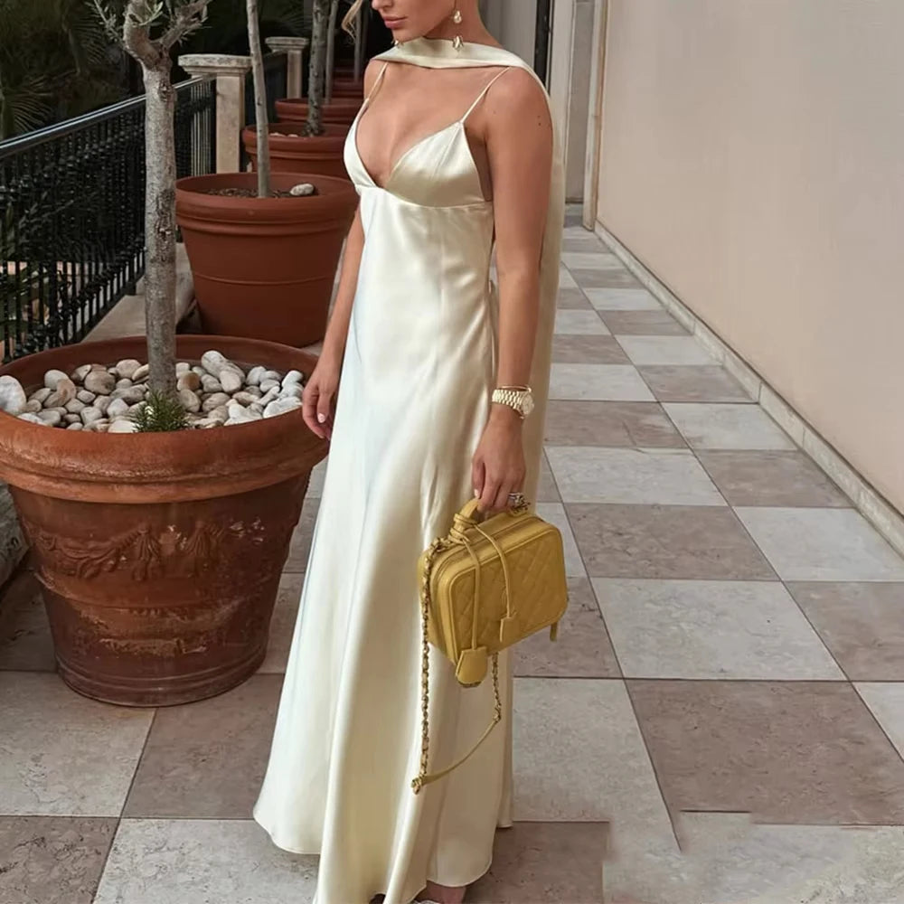 LIZAKOSHT  -  Satin Sexy Suspenders Long Dress Women 2025 New Summer Elegant Sleeveless Backless V Neck Dresses Chic Beach Party Evening Dress