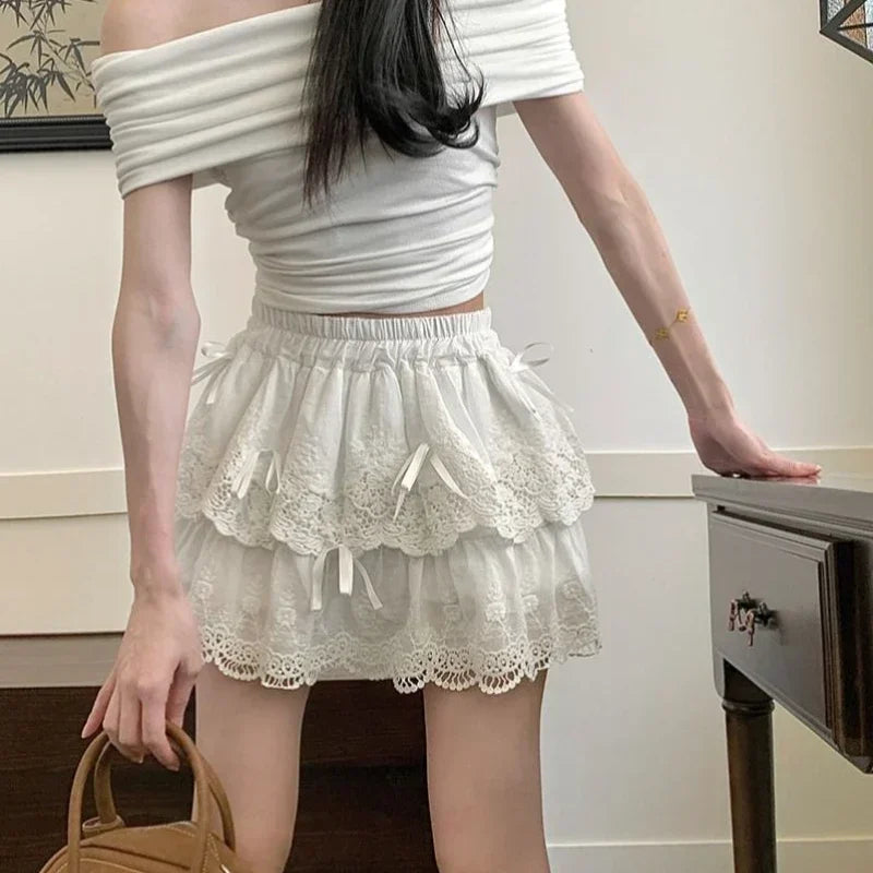 LIZAKOSHT  -  Coquette Lace Mini Skirt Women White Sweet Bow Kawaii Ruffle Skirts Patchwork Layered Cute A-line Short Skirt Aesthetics