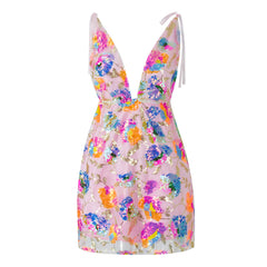LIZAKOSHT  -  Sexy Women's Sparkly Floral Sequin Dress Summer Backless Low-Cut Shinny Mini Dress for Birthday Party Cocktail Clubwear Wedding
