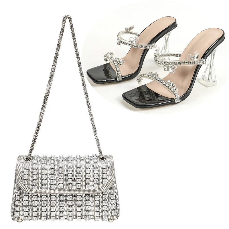 LIZAKOSHT  -  Fashion Rhinestone Slippers For Women's 2025 Summer New Crystal Thick Heel Transparent Sandals Full Diamond Shoulder Bag Set