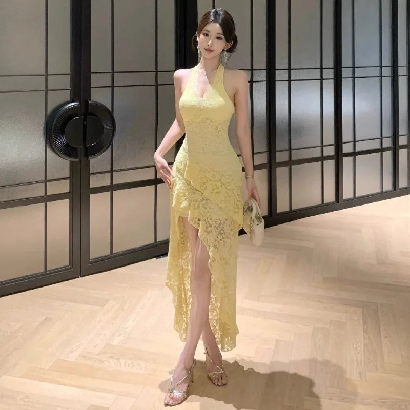 LIZAKOSHT  -  Dresses Women Elegant Sleeveless Lace Patchwork Irregular Slim Halter Backless Sexy Party Dress Sweet Clubwear Female