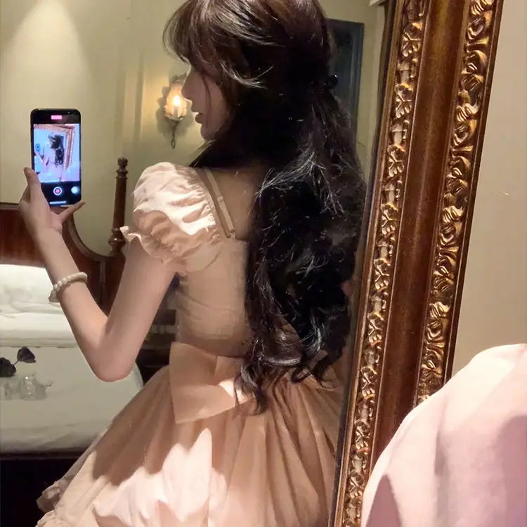 LIZAKOSHT  -  Sweet Hot Girl Pure Sexy Bow Square Collar Dress for Women's Summer Slim Fit A-line Short Dress Fashion Female Clothes