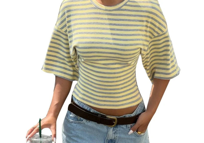 LIZAKOSHT  -  Striped T-shirt Women's Summer Asian Fashion Waist Cinched Mid Sleeved Top Pullover
