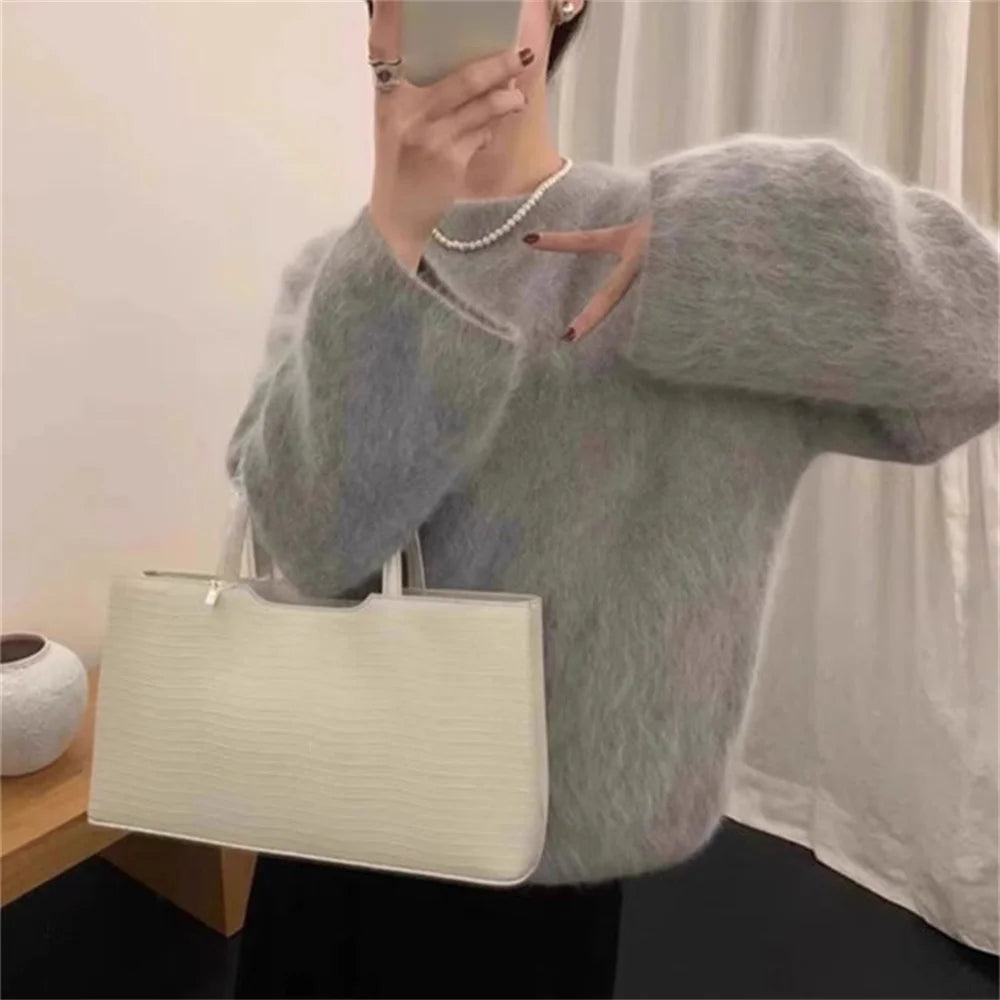 LIZAKOSHT  -   New Elegant Lady Autumn Winter Yellow Soft Mohair Knitted Loose Pullover Fashion Women O Neck Thick Long Sleeve Warm Sweater Top