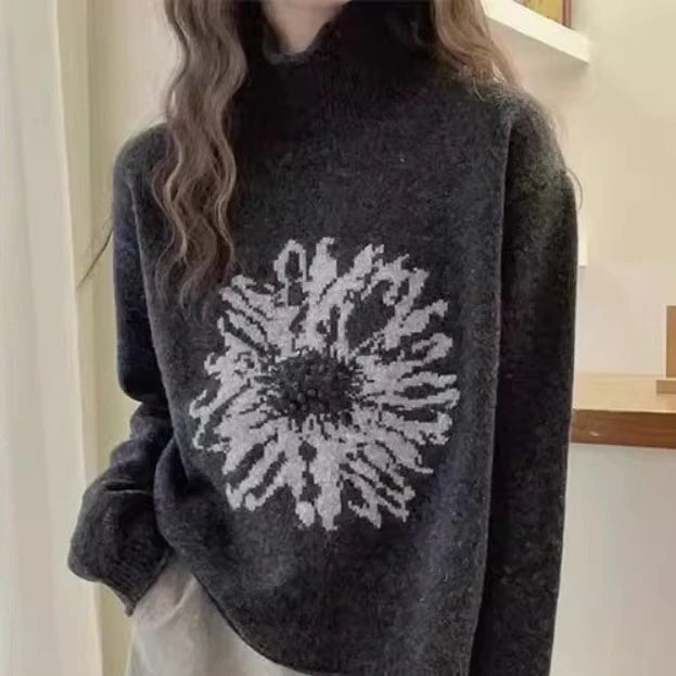 LIZAKOSHT  -  Women Y2k Aesthetic Vintage Flower Sweaters Streetwear Turtleneck Warm Winter Jumpers Grunge Harajuku Casual Loose Pullovers