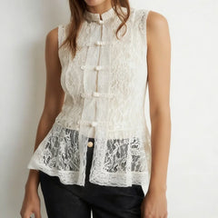 LIZAKOSHT  -  Womens Ruffle Trim Lace Mandarin Collar Guipure Split Tank Top Sleeveless Shirt Blouses Vests Y2K Streetwear